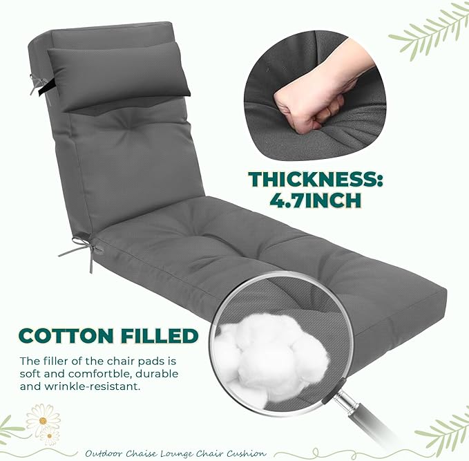 Waterproof Lounge Chair Cushion Outdoor for Chairs, Fade Resistant Patio Lounger Replacement Chaise Cushions with 6 Ties, Thickened Memory Foam Pool Chaise Chair Cushions, 76x22x4.7 Inches Bright Gray