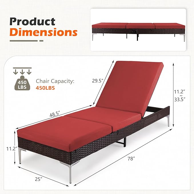 HOMREST Outdoor Lounge Chairs Set of 6, Patio Wicker Chaise Lounge with Removable Cushion, Rattan Pool Sunbathing Recliners with Adjustable Backrest (Burgundy)