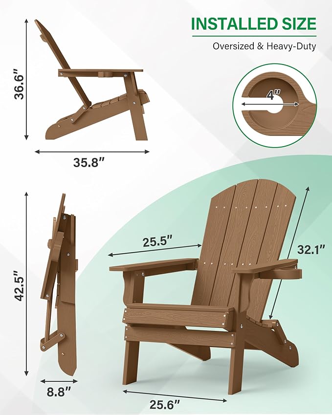 YEFU Adirondack Chair, Oversized Plastic Adirondack Chair Folding Outdoor Chairs with Cup Holder, Lawn Chair with Weather Resistant for Outside Deck Lawn Garden, Weight Capacity Up to 400 Lbs(Teak)