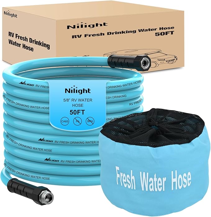 Nilight RV Water Hose 50FT Garden Drinking Hoses with Storage Bag Leakproof Anti-Kink 5/8" Inner Diameter Flexible Lightweight Freshwater Hose for RVs Campers Travel Trailer Boat Car Wash Accessories