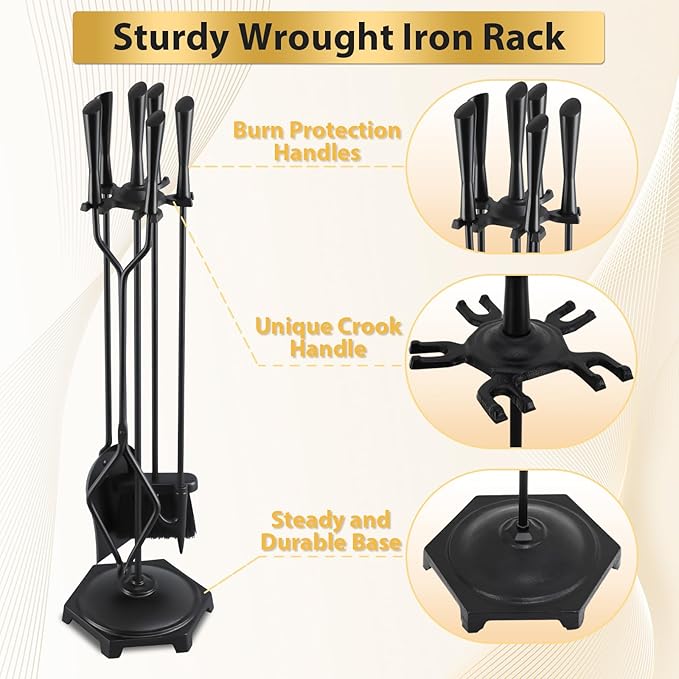 FEED GARDEN Fireplace Tools Set 5 Pieces Modern 32 Inch Outdoor Wrought Iron Fireplace Accessories Set with Log Holder Poker, Tong, Shovel, Brush, Base, Black