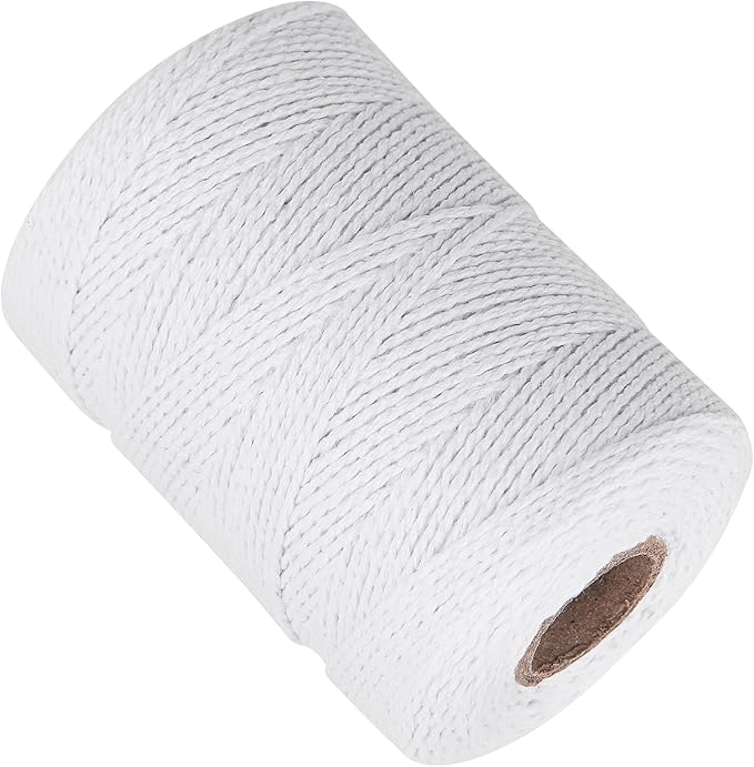 Ohtomber White Cotton Butchers Twine - 656 Feet 2MM Thick String, Natural Garden Gift Wrapping Kitchen Cooking Bakers Twine String Rope for Meat and Roasting, Crafts Gardening