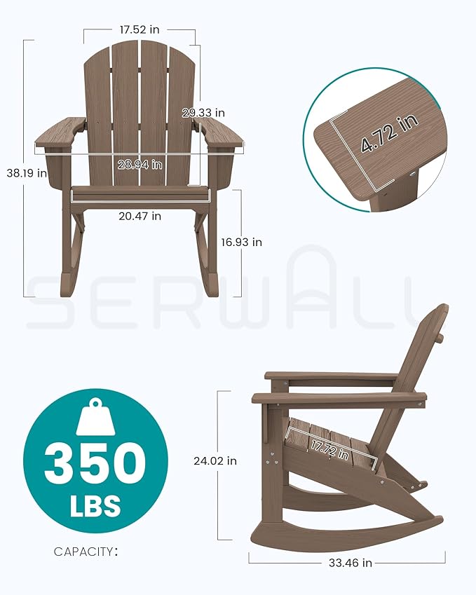 SERWALL Outdoor Adirondack Rocking Chairs Set of 4, All-Weather HDPE Adirondack Rocker Chair, Front Porch Rocker Chairs for Patio Lawn Porch Deck, Coffee