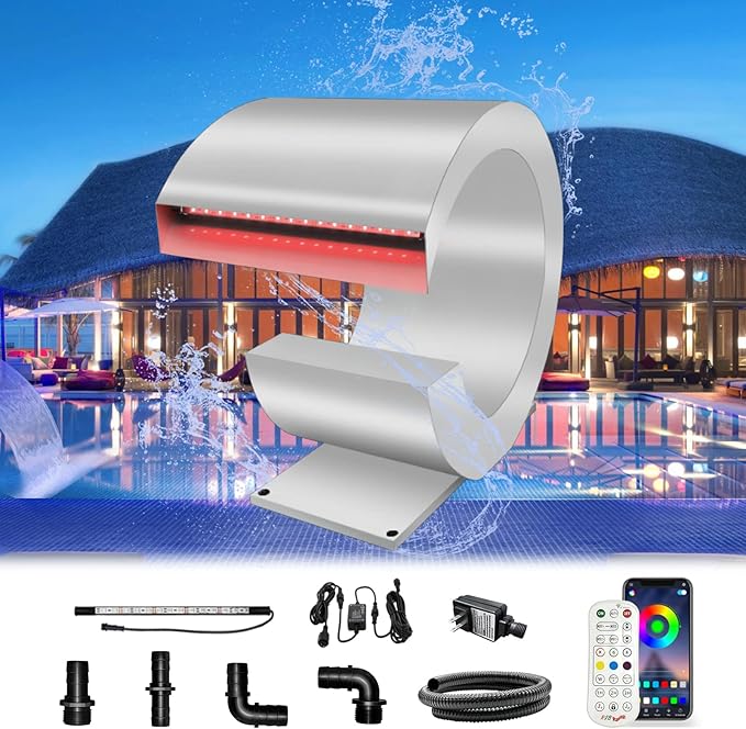 LONGRUN J-Shaped Waterfall Spillway Stainless Steel Swimming Pool Fountain, RF & APP Controled LED Light Outdoor Pond Waterfalls Kit for Garden Patio Swimming Pool Koi Ponds Decoration -13.6" Height