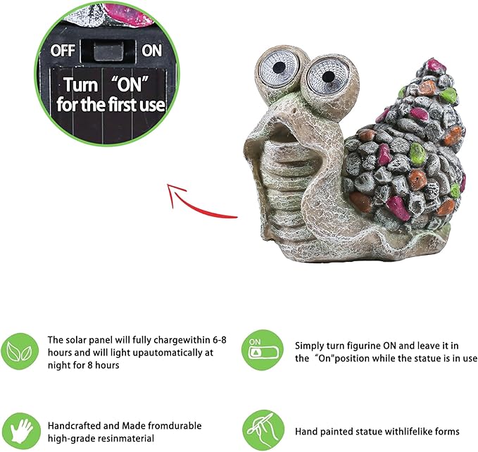 Snail with Light Up Eyes for Outdoors - Solar Powered Garden Snail Statue, Whimsical Decor - Decorations for lawns and grasslands、Balcony、Courtyard