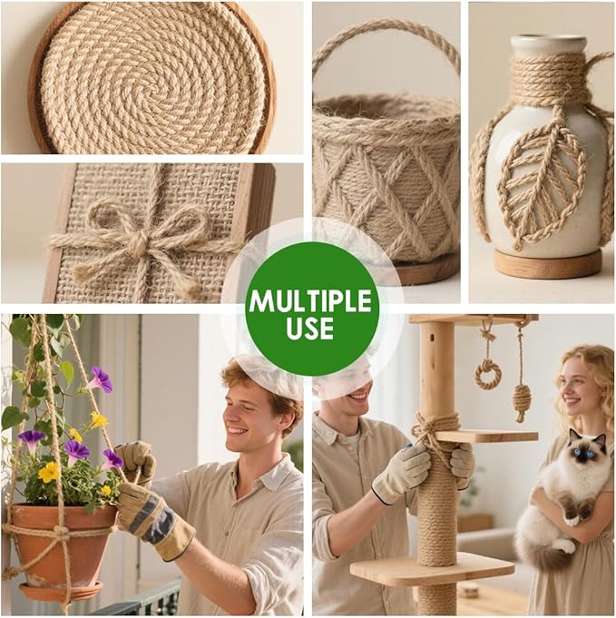 5MM x 150FT Jute Rope 16Ply Heavy Duty and Thick Twisted Rope for Crafts Gardening Cat Scratcher Scratching Post Tree Gift Wrapping Home Christmas Decoration Packing Twine Bulk (5mm* 150ft)