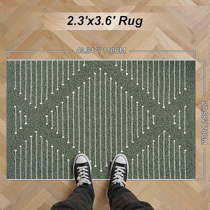 LIVEBOX Green Front Door Mat, Washable Kitchen Rug Cotton Woven Doormat,Small Area Rug for Entryway,Porch (Dark Green & White, 2.3X 3.6)