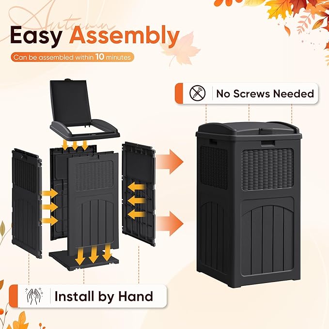 YESHOMY 33 Gallon Resin Outdoor Trash Can with Lid, Hideaway Waterproof Patio Garbage Bin, Black