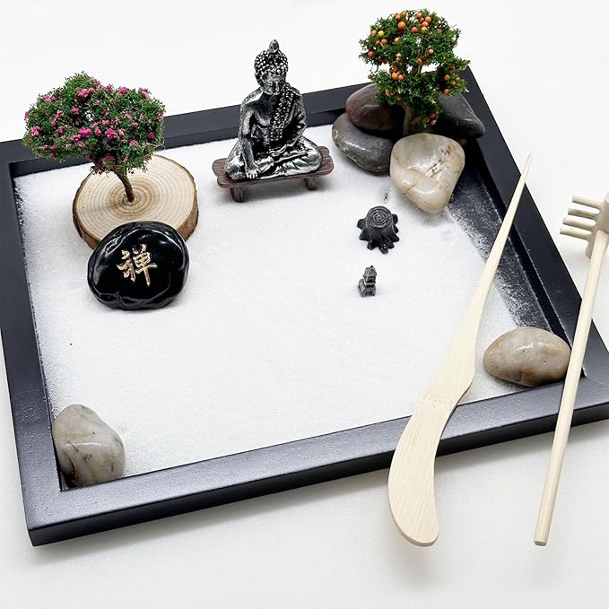 Woohome Mini Zen Garden Kit - Desktop Decor With White Sand, Rocks, Chairs, Towers, Bridges, Model Trees for Home Office