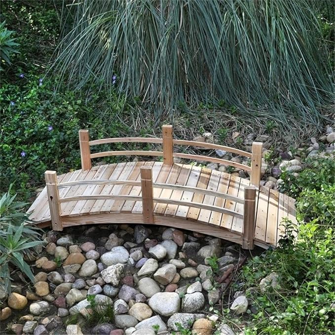 Pemberly Row Cedar Wood Garden Bridge, 73 in Length, Beige Finish, Handcrafted with Handle Rails, Natural Resistance to Moisture and Decay, Decorative Landscape Accent for Outdoor Use