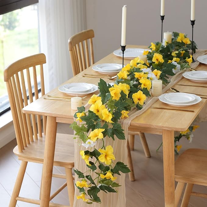 Mizii Artificial Petunias Flower Vines Garland 6 Feet Yellow Faux Morning Glory Silk Flowers Garland UV Resistant Fake Hanging Vines Plants Decorations for Outdoor Garden Indoor Home Decor (Yellow)