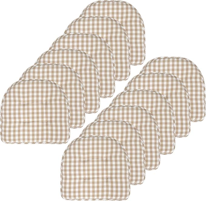 Sweet Home Collection Chair Cushion Memory Foam Pads Tufted Slip Non Skid Rubber Back U-Shaped 17" x 16" Seat Cover, 12 Pack, Checkered Taupe/White