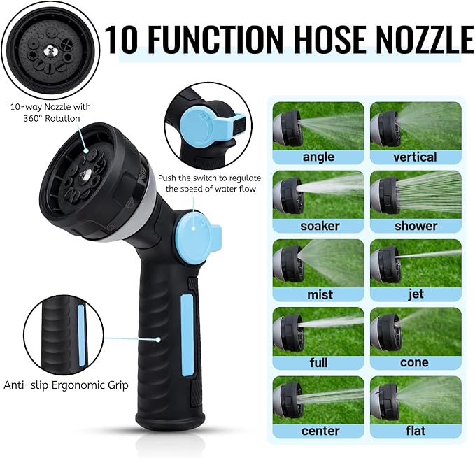 Garden Hose 100 ft, Water Hose with 10 Function Hose Nozzle, Ultra-Light & Flexible Hose for Yard, 3/4 GHT
