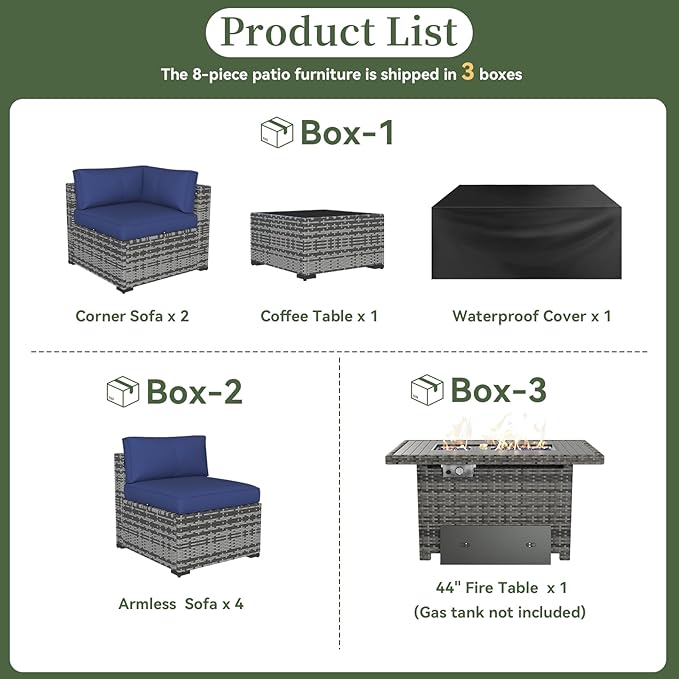 Aoxun 8 Piece Patio Furniture Set with 40'' Fire Pit Table Wicker Rattan Patio Conversation Set Outdoor Sectional Sofa Set with Coffee Table, Grey/Blue(Waterproof Cover Included)