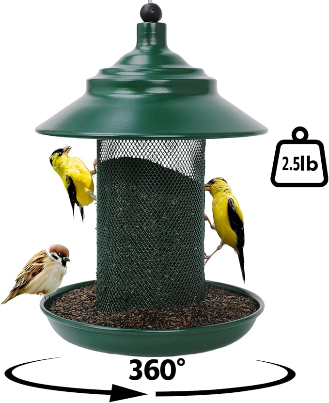 Finch Feeder - All-Metal Squirrel Proof Thistle Nyjer Seed Bird Feeder for Outdoors, 2.5LB Capacity, Powder-Coated Rust Resistant Mesh Design for Goldfinches & Small Birds Green