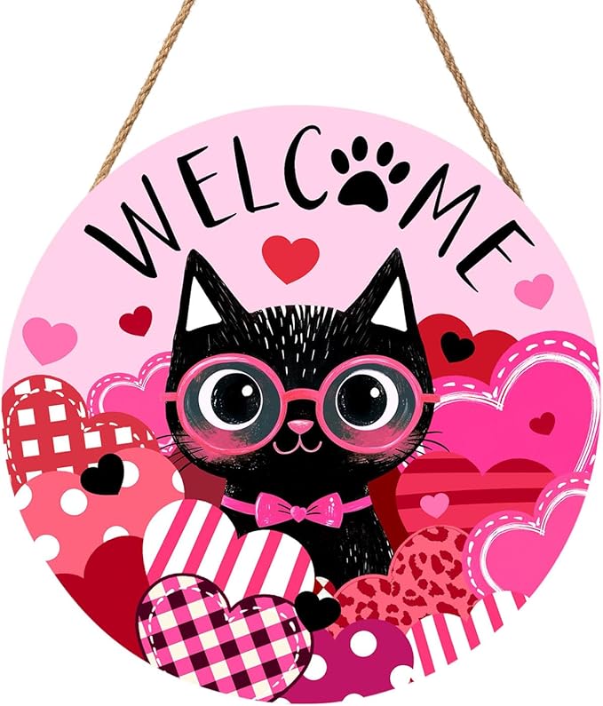 Welcome Valentine's Day Black Cat Door Sign For Front Door Decor,Pink Love Heart Wooden Sign 12"x 12" Round Wood Hanging Door Sign Anniversary Wedding Decoration for Wall Rustic Decor