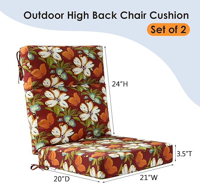Outdoor High Back Chair Cushion Seat Pads, 44 x 21 Inch Water-Repellent & Fade-Resistant Patio Furniture Cushions with Ties for Adirondack, Rocking Chairs, Red Floral