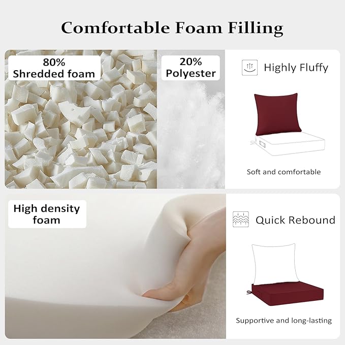 Cozyide Outdoor Chair Cushions 24x24, Washable Patio Furniture Cushions with Removable Cover, Waterproof Outdoor Deep Seat Cushion Set with Non-Slip Ties and Handle, Burgundy