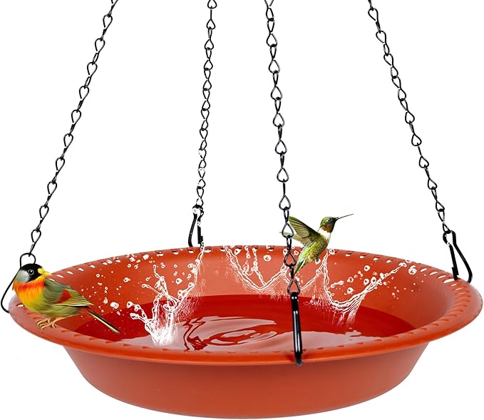 Bird Baths for Outdoors Heavy Duty, 14 inch BirdBath Bowl Only with 25” Rust-Proof Black Chains, Hanging Bird Bath Hanging Bird-Feeder for Garden Backyard Decor (Terracotta 1 Pack)