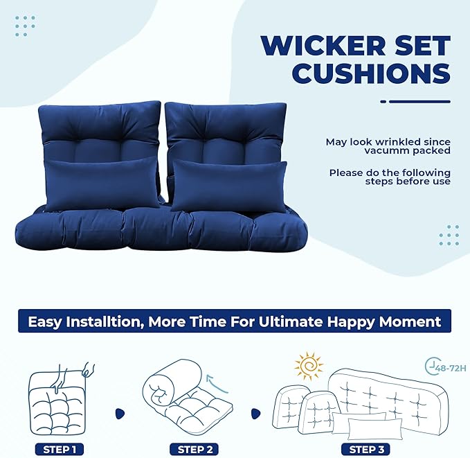 Wicker Chair Cushions of 5 Pieces, Waterproof Outdoor Loveseat Cushion for Wicker Furniture, 1 Love Seat Cushion, 2 U-Shape and 2 Lumbar Pillows for Patio Furniture (Blue)
