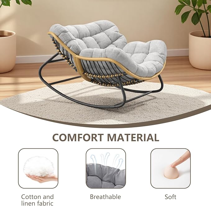 Oversized Rocking Chair,Outdoor/Indoor Patio Papasan Rocker with Thick Cushion, Rattan Wicker Lounge Egg Chair for Bedroom, Living Room, Porch, Garden Backyard-Grey