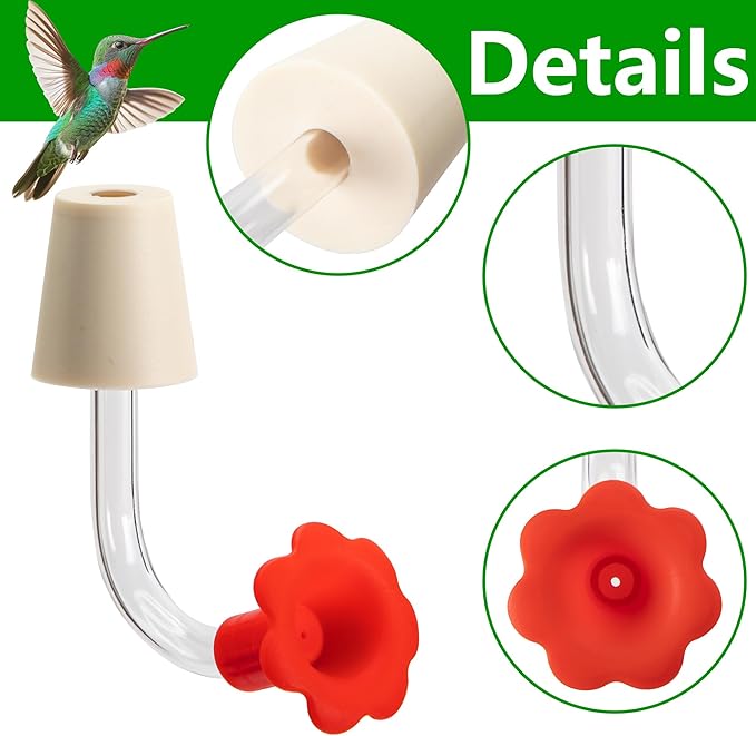 DECOHS 9 Pcs Hummingbird Feeder Tubes with Red Floral Tip, Bird Hummingbird Feeder Replacement Parts with 3 Brush, Outside Flower Bird Water Feeder Tubes Stoppers for Making Your Own Bird Feeders