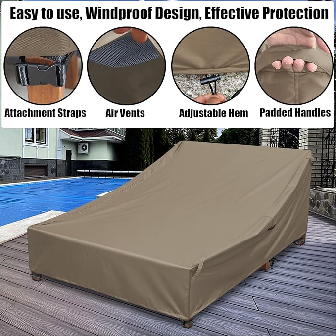 Double Chaise Lounge Cover Outdoor 100% Waterproof Weather-resistant Polyester Fabric Patio Double Wide Lounge Chair Covers All-season Weatherproof Protection Cover for Outdoors Furniture, Camel