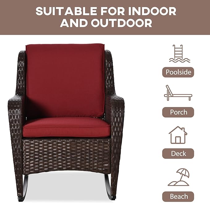 Outsunny Outdoor Wicker Rocking Chair with Wide Seat, Thick Cushions, Rattan Rocker with Steel Frame, High Weight Capacity for Patio, Garden, Backyard, Wine Red
