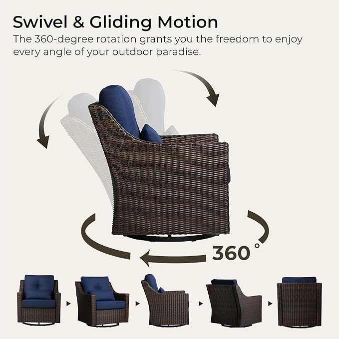 CHITA 2 Pieces Patio Wicker Chairs, 360° Rocking Swivels Outdoor Rattan Chair with Thickened Cushions for Backyard, Poolside, Garden or Porch