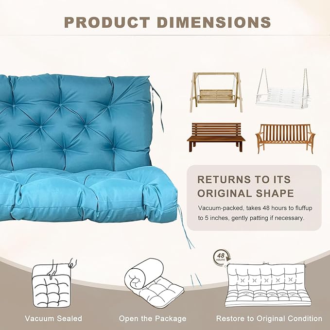 Porch Swing Cushion with Backrest,Waterproof Bench Cushion for Outdoor Furniture,2-3 Seater Replacement Thickened Swing Cushion with Ties,Patio,Outdoor,Backyard and Garden (SkyBlue,40x40)