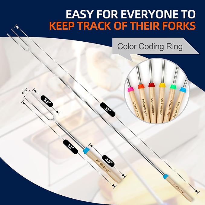 6 pack Smores Sticks for Fire Pit, 32 Inch Marshmallow Roasting long Skewers kit for Campfire - Hot Dog Fork Portable Extendable Stainless Steel Outdoor Trips Accessories