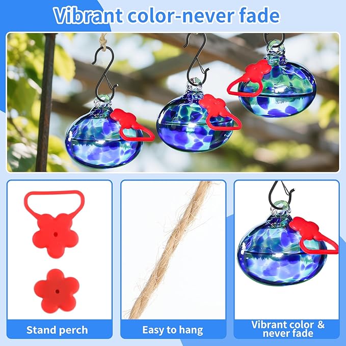 Small Hummingbird Feeders for Outdoors Hanging,Hand-Blown Glass Hummingbird Feeder with Silicone Feeding Perch,Never Leak,Gardening Gifts for Woman Man