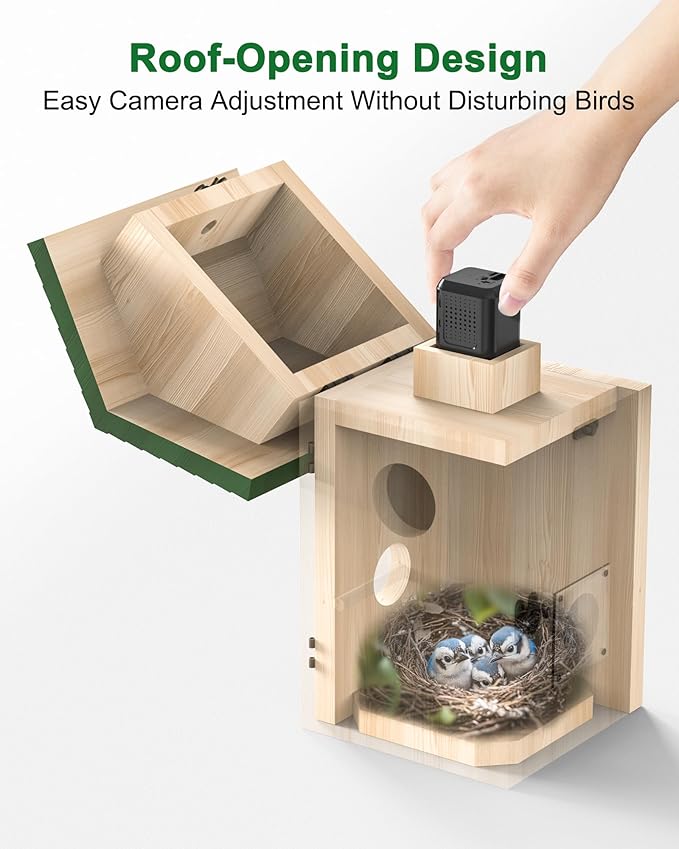 Smart Bird House with Camera Solar Powered, 2K HD Wi-Fi Bird Watching Camera for Birdhouse, Auto Detect & Notify, Night Vision, APP Control, Wooden Birdhouse with Camera Inside（Door & Window）