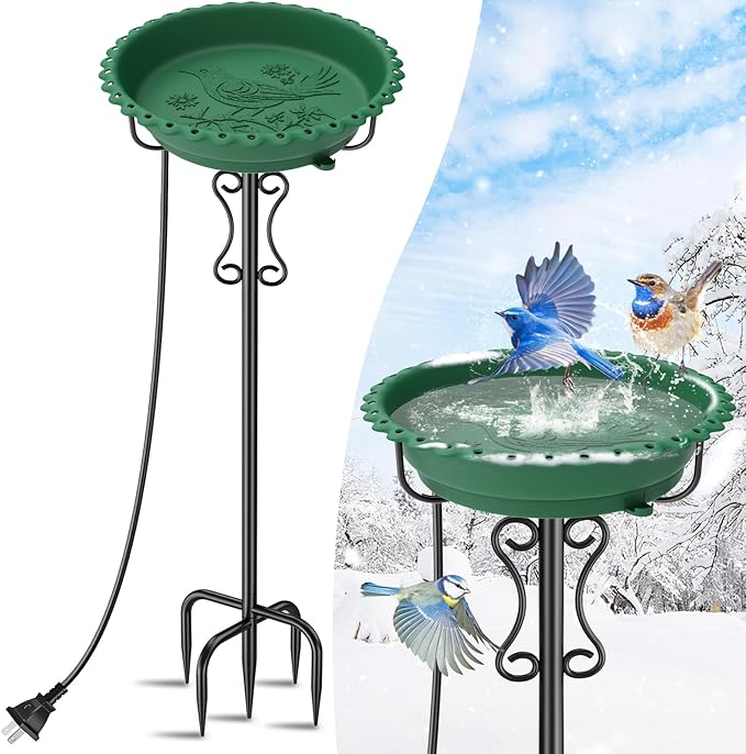 Heated Bird Bath for Outside Winter,100W Thermostat Control Birdbath Bowl with Metal 5-Prong Base,Freestanding Heated Bird Baths for Outdoors Garden Patio Yard Lawn (Green)