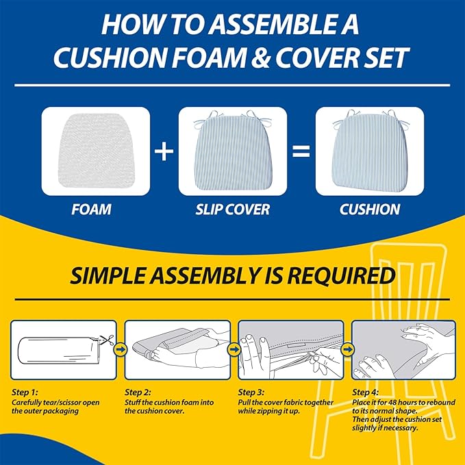 AAAAAcessories D-Shaped Chair Cushions, 2" Thick Dining Chair Pads with Ties and Removable, Machine-Washable Cover, 17" x 16", Set of 8, Pinstripe Blue