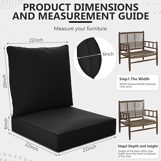 22" x 22" x 6" Outdoor Deep Seat Cushions Set - 4 Set Waterproof & Fade Resistant Patio Furniture Replacement Cushions, Non-Slip Outdoor Cushions Fit Loveseats, Couches, Chairs, and Sofas