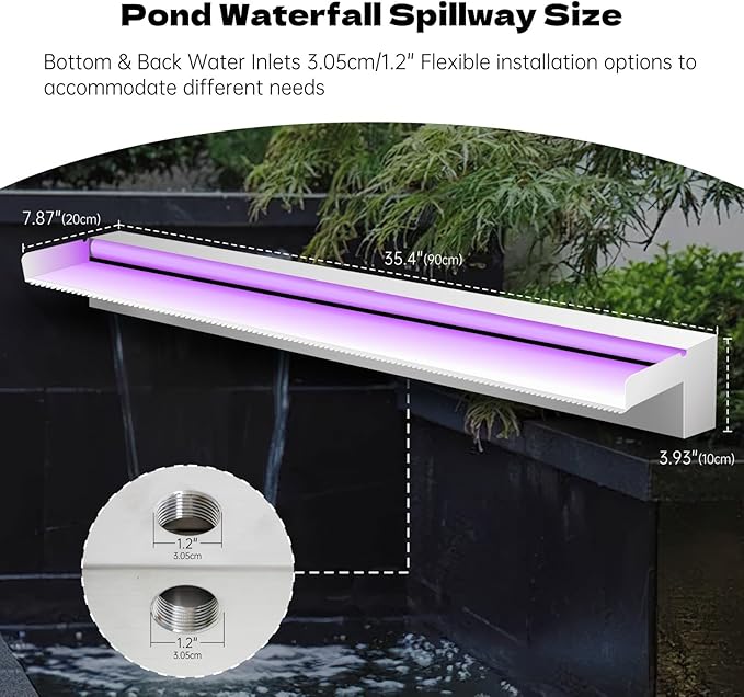 Waterfall Spillway Stainless Steel Pond Waterfalls with Color Changing LED Light, Outdoor Pool Fountain Water Feature Kit for Garden Patio Swimming Pool Koi Ponds Decor-36"x8"x4"