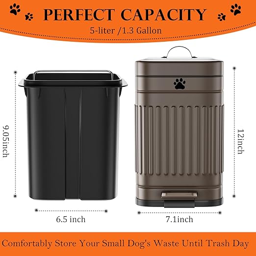 Dog Poop Trash Can Outside, 5L/1.3Gal Metal Dog Waste Trash Can with Lid, Foot Pedal, Pet Waste Container with 40 Bags, Poop Bucket with Lid Soft Close for Pet, Brown