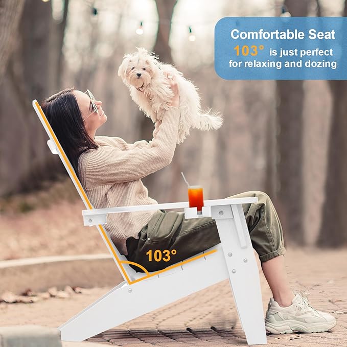 MXIMU Modern Adirondack Chairs Set of 2 Weather Resistant with Cup Holder Oversize Plastic Fire Pit Chairs Adorondic Plastic Outdoor Chairs for Firepit Area Seating (White)