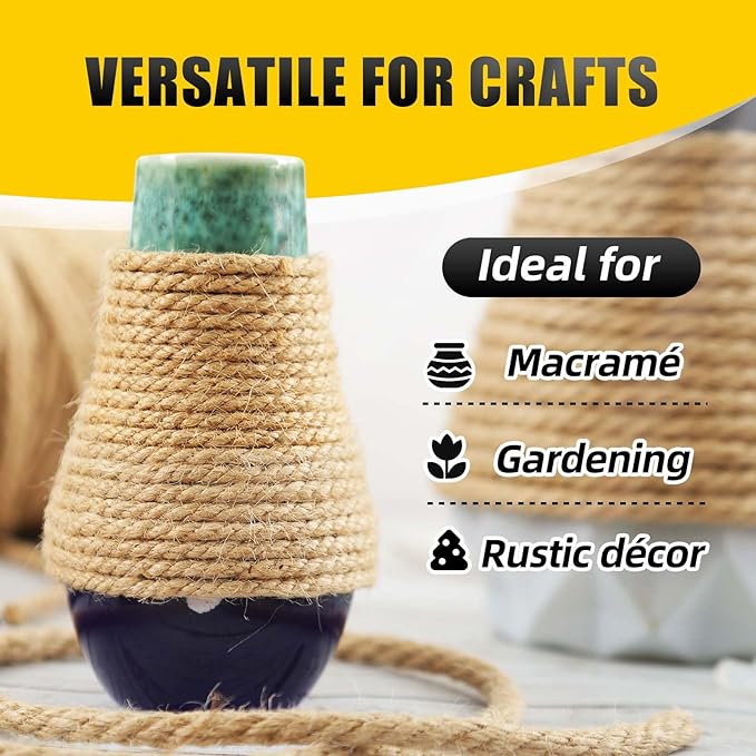 Natural Jute Twine, 5MM x 328FT Jute Rope Roll, Heavy Duty Thick Twine for Cat Scratching Post, Bundling, Gardening and DIY Crafts