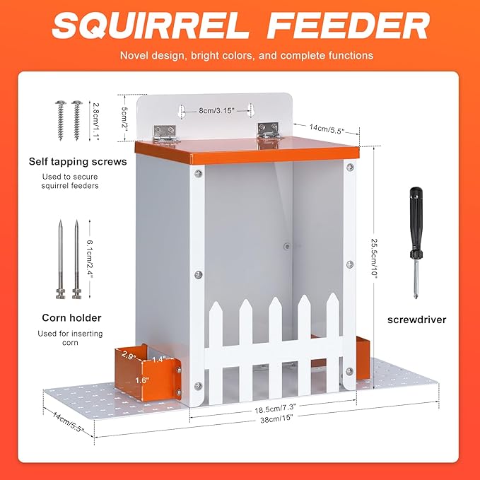 Metal Squirrel Feeders for Outdoors Squirrel Picnic Table Bench Feeders for Hanging Outside Tree Funny House Box Corn Peanuts Nuts Bar for Mini Chipmunk (Orange)