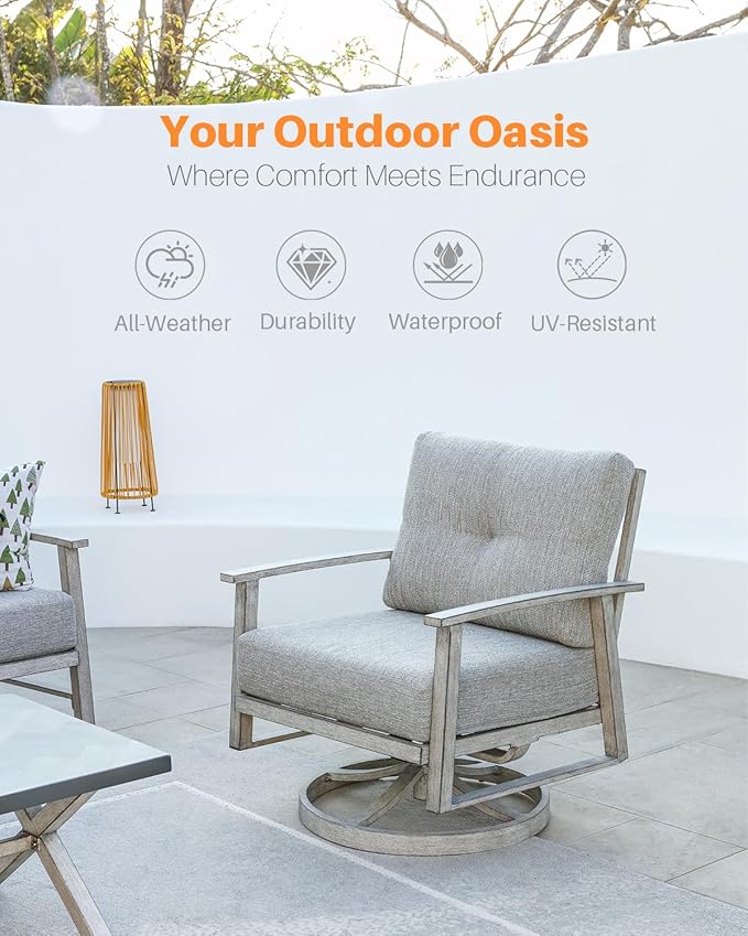 Outdoor Swivel Patio Chairs Set of 2, Outdoor Aluminum Swivel Armchair Conversation Set with Cushion, 2 Pieces All Weather Patio Furniture Sofa Chairs Set for Garden, Poolside, Lawn, White Oak