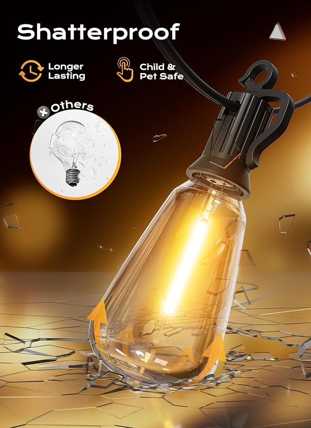 Brightown Outdoor String Lights, 150FT 75+2 LED ST38 LED Patio Lights Shatterproof, Dimmable IP65 Waterproof Connectable Hanging Outdoor Light for Backyard, Porch, Deck, Balcony