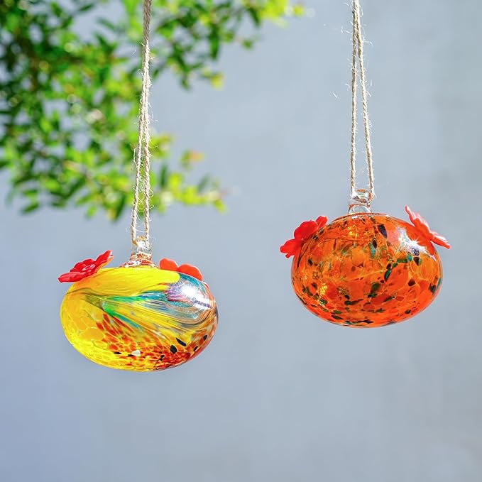 Set 2 Hummingbird Feeders for Outdoors Hanging 3.2in Small Blown Glass Humming Bird Feeder for Window Humming Bird Feeders with 2 Flower Feeding Ports