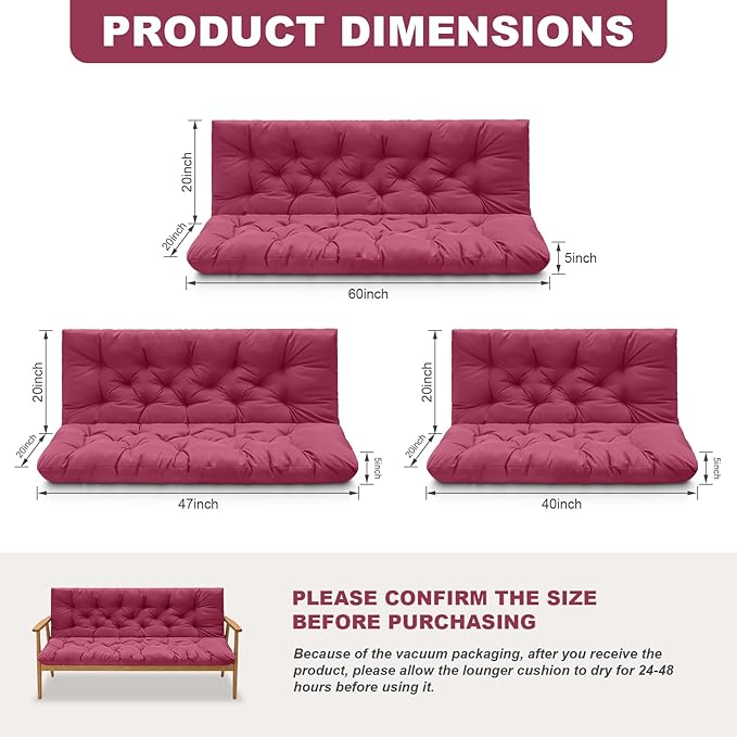 Porch Swing Cushions,Outdoor Cushions 3 Seater Replacement with Backrest, Waterproof Thickened Bench Cushion with Ties for Porch, Patio,Outdoor, Backyard and Garden (Wine Red 60 * 40 in)