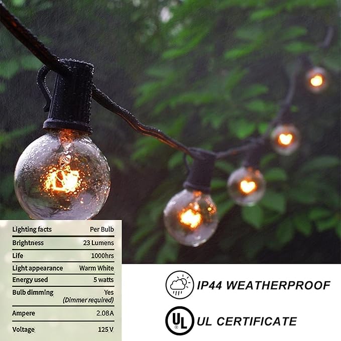 Abeja Outdoor String Light 100 Ft G40 Patio Lights with 105 Edison Glass Bulbs E12 Socket Base (5 Spare) Globe Clear Hanging Lights for Backyard Balcony Deck Party Decor, Not Connectable, Black