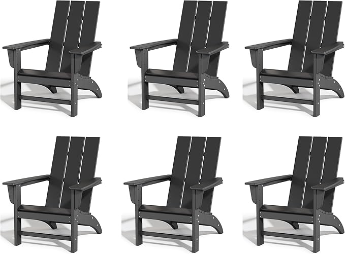 Poly Lumber Adirondack Chairs Set of 6, All-Weather Resistant Outdoor Patio Chairs, Look Like Wood, Pre-Assembled Outdoor Fire Pit Chair for Pool, Deck, Backyard, Garden, Black
