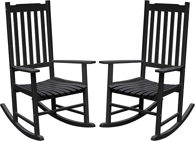 Flamaker Acacia Wood Patio Rocking Chair Set of 2, High Back and Widen Armrest for Adults, Solid Wood Porch Rocking Chair for Lawn, Garden, Backyard (Black)