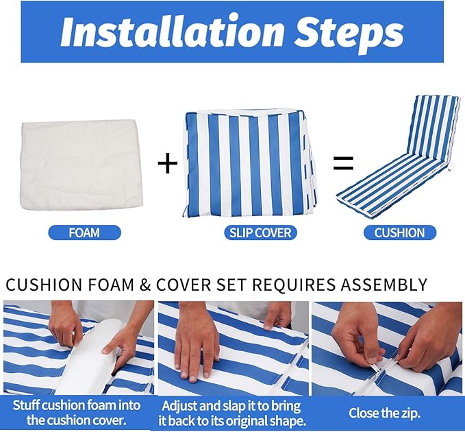 Outdoor Chaise Lounge Cushions for Patio, 71"x22"x3" Lounge Chair Cushions, Waterproof Replacement Seat Pads for Outdoor Furniture (Sky Blue+White Stripes, 1 Pcs)