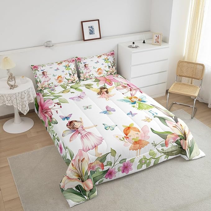 Erosebridal Floral Fairy Full Bedding Set,Dreamy Fairy Garden Comforter Set for Girls Kids,Coquette Flower Butterfly Comforter,Pink Princess Bedroom Room Decor,2 Pillowcases Breathable